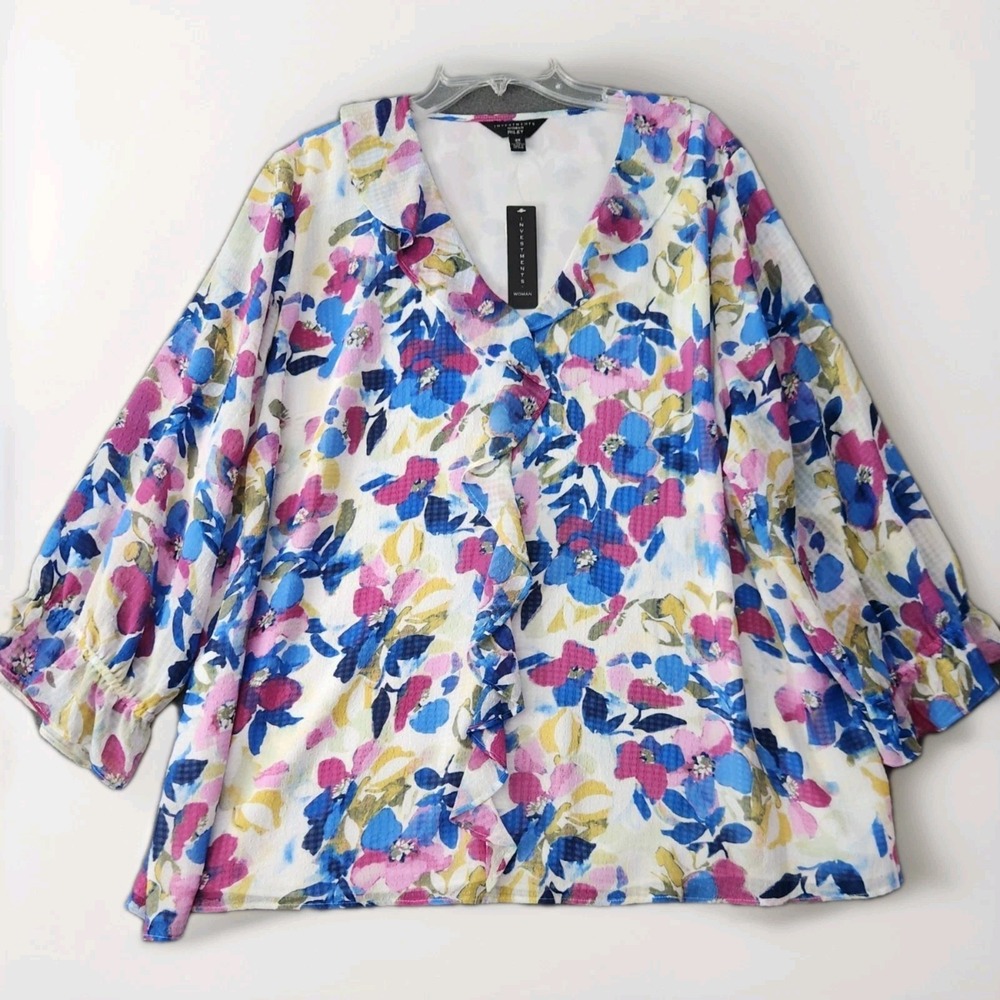 NWT Investments‎ Romantic Plus Size 3X Riley Floral Textured Ruffle Front Top